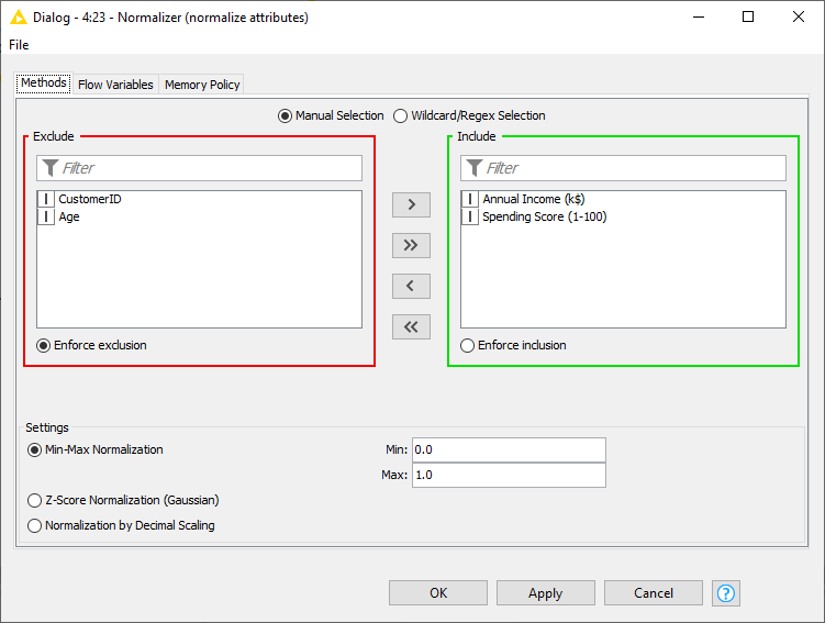 KKNIME - The configuration window of the Normalizer node